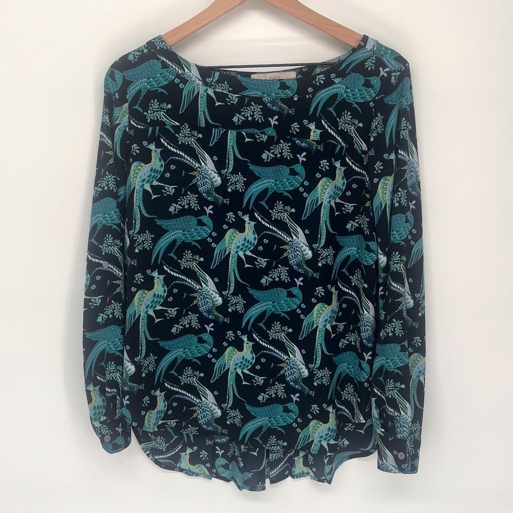 LOFT Peacock Print Blouse Womens Small Black Teal Long Sleeve Roll Tab Career